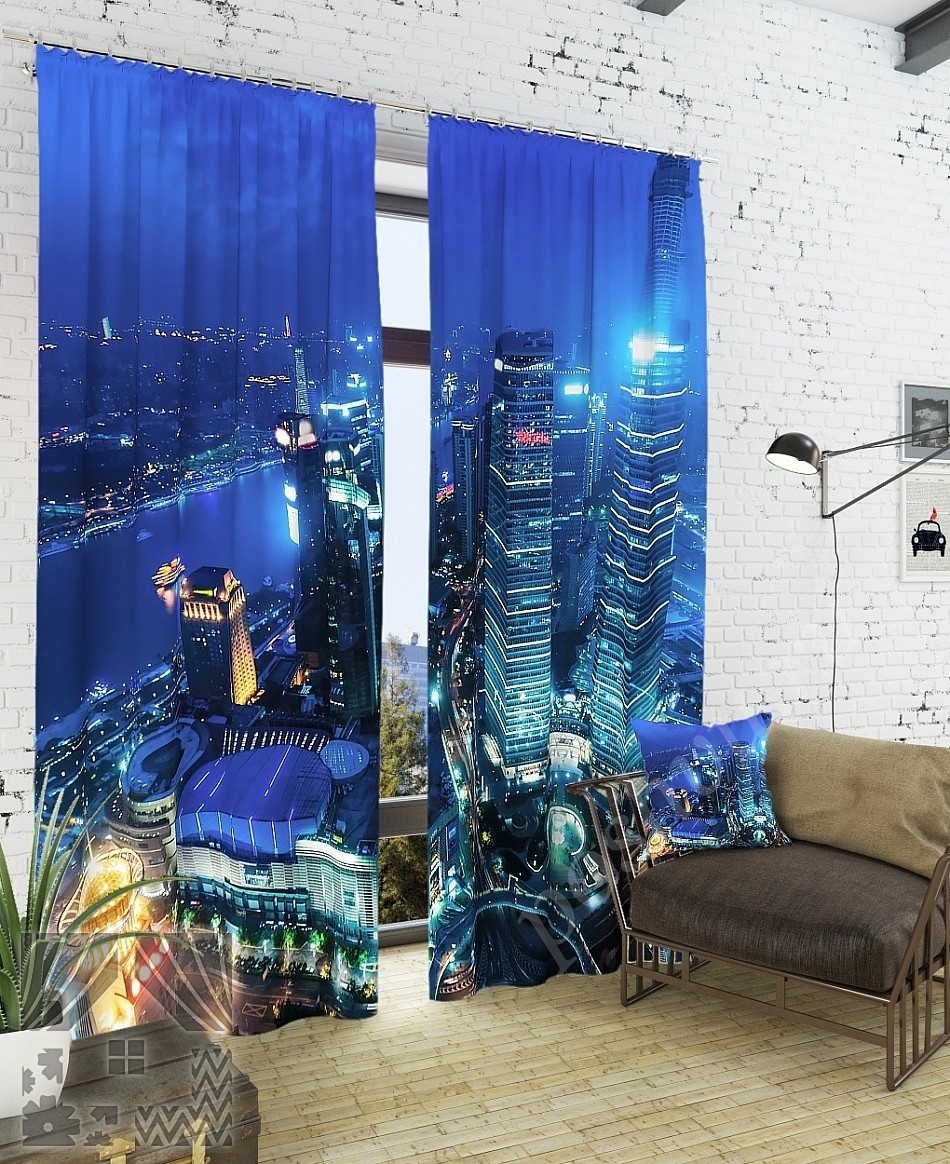 Красивый комплект готовых фото штор с изображением ночного города для гостиной