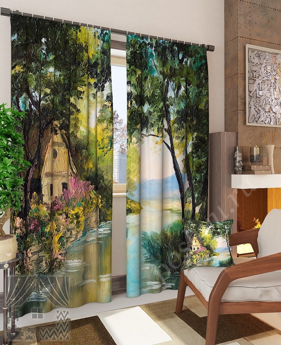 Красивый комплект готовых фото штор с сельским пейзажем для гостиной