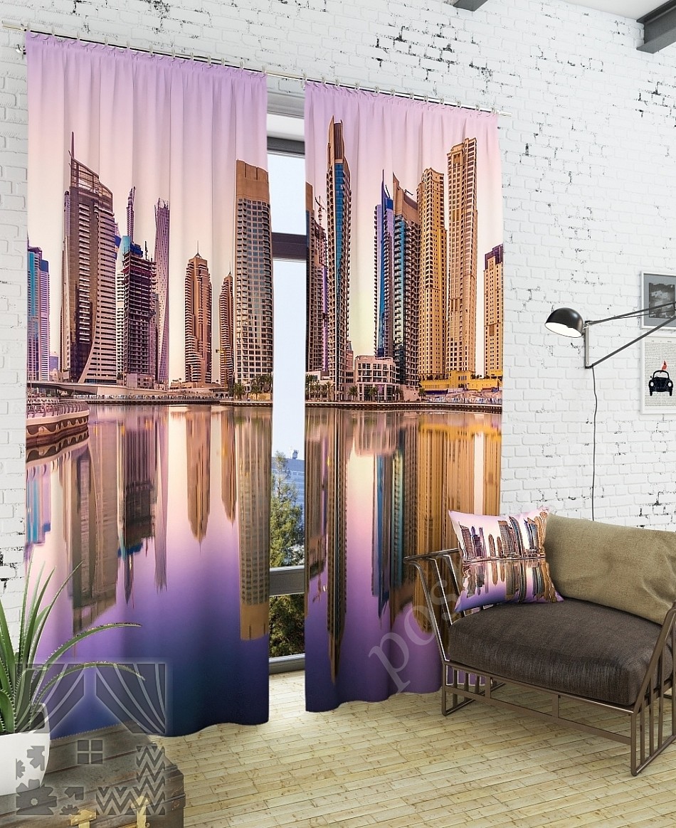 Красочный комплект готовых фото штор с городским пейзажем для гостиной или кабинета