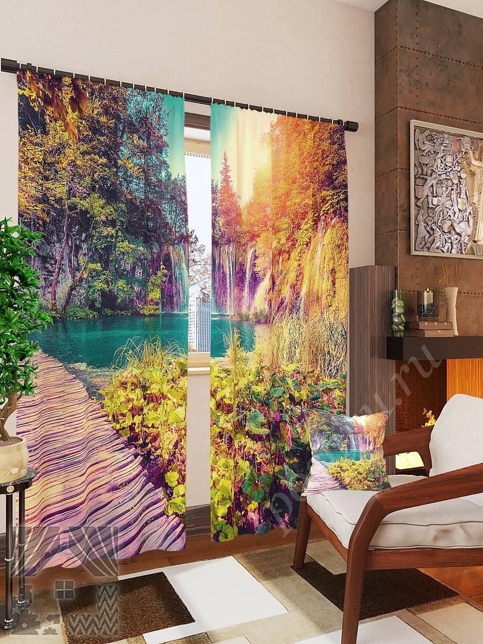 Красочный комплект готовых фото штор с изображением изумрудного озера для гостиной или спальни