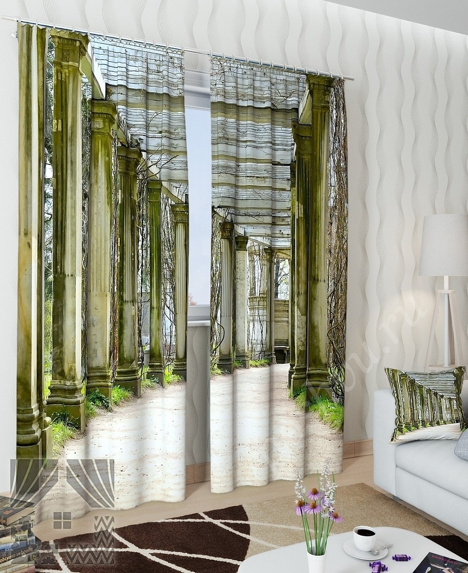 Лаконичный комплект готовых фото штор с изображением старых колонн для гостиной