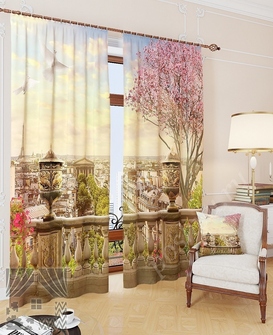 Милые готовые фото шторы с изображением вида на весенний Париж для гостиной или спальни