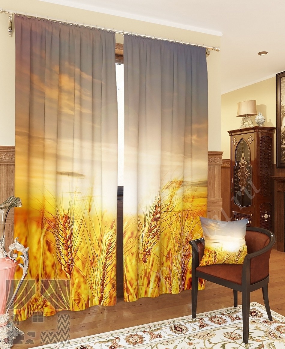 Оригинальный комплект готовых фото штор с изображением пшеничного поля для гостиной