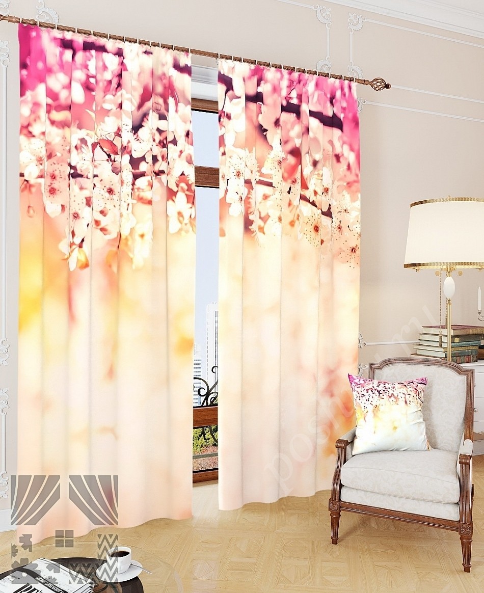 Освежающий комплект готовых фото штор с изображением цветущей ветви для спальни или гостиной