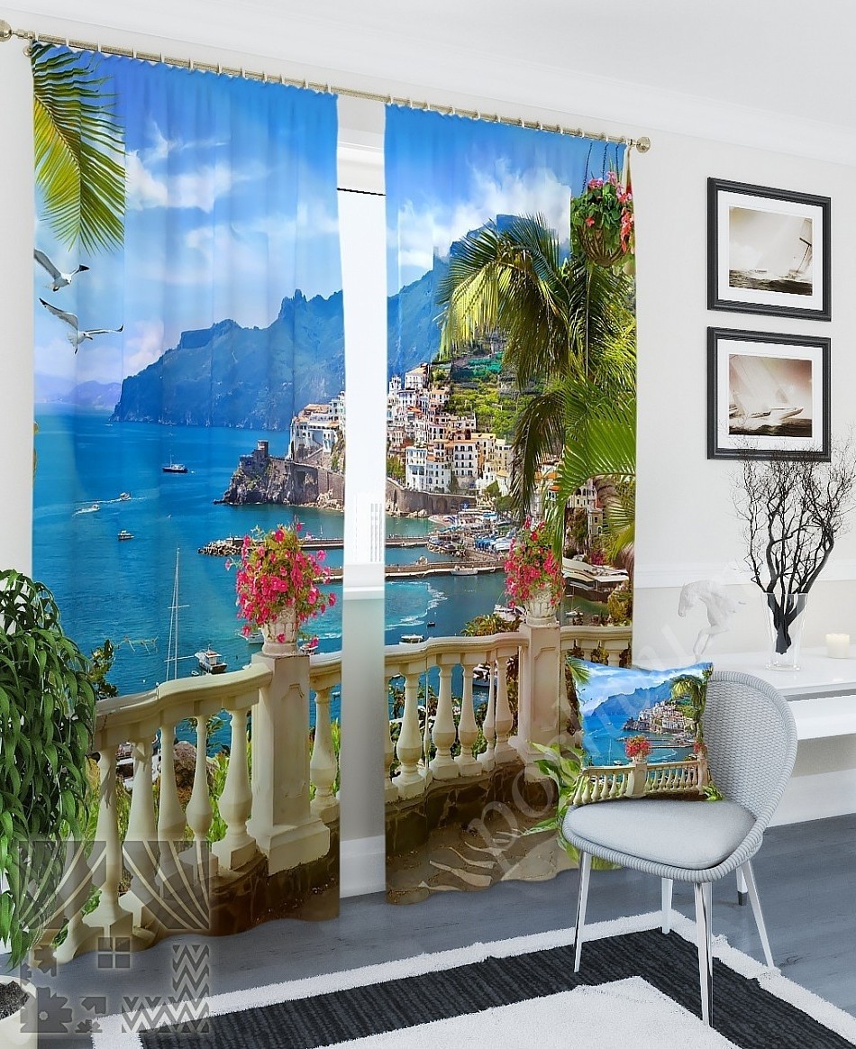 Великолепный комплект готовых фото штор с изображением морской гавани для гостиной