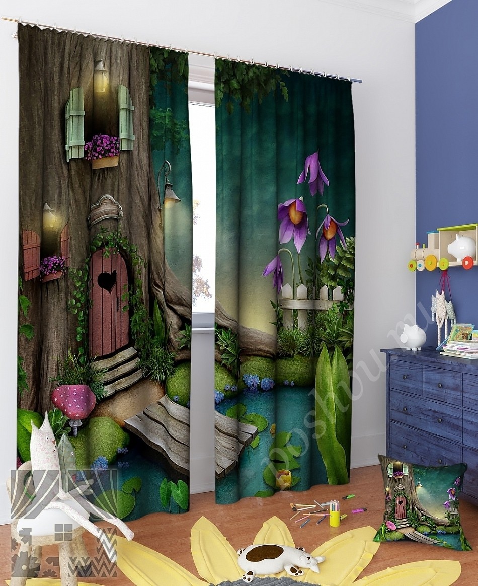 Волшебный комплект готовых фото штор с изображением сказочного домика для детской комнаты