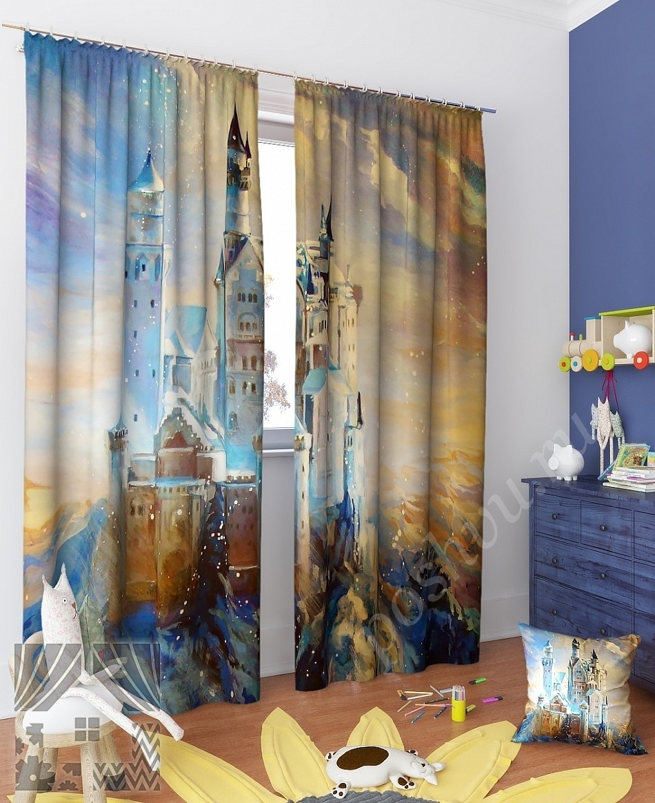 Восхитительный комплект готовых фото штор с изображением сказочного замка для детской комнаты