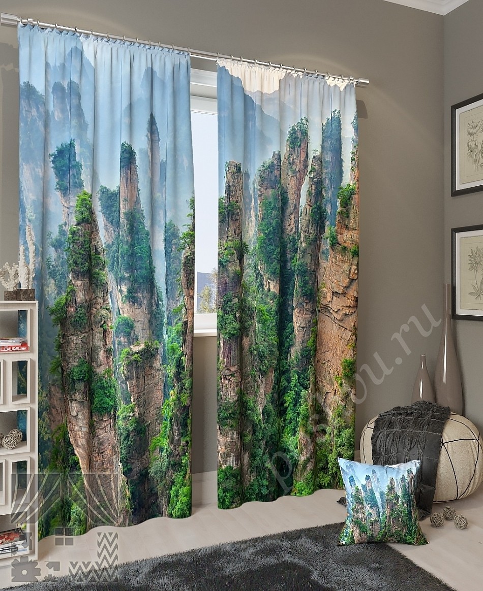 Впечатляющий комплект готовых фото штор с изображением скал для гостиной