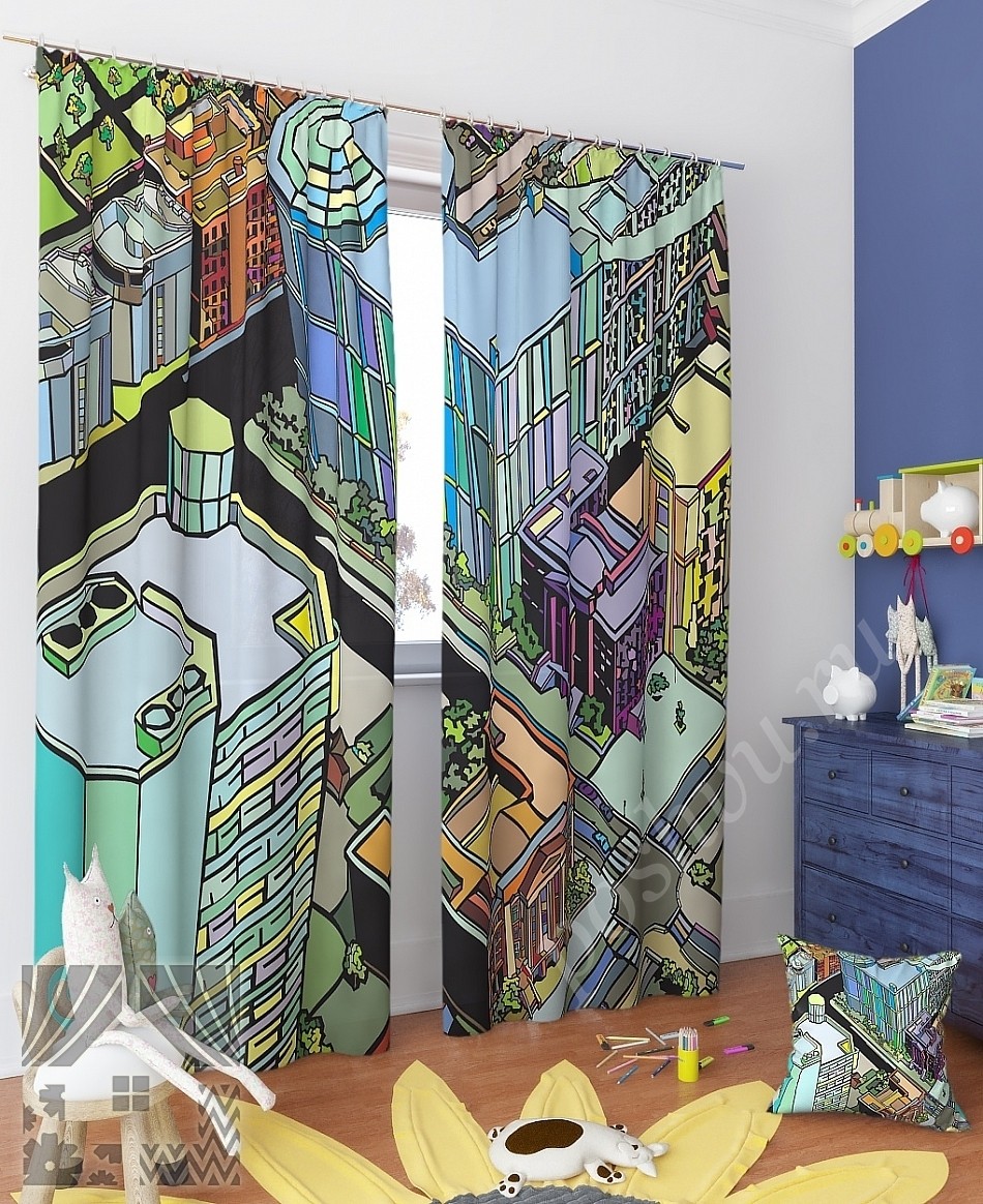 Яркий комплект готовых фото штор с изображением виртуального города для детской комнаты