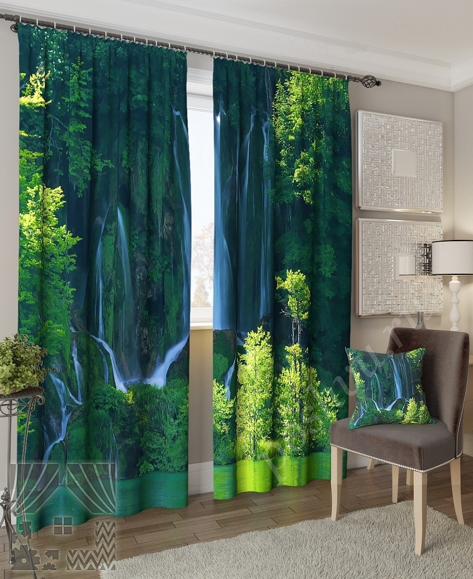 Живописный комплект готовых фото штор с изображением водопада для гостиной