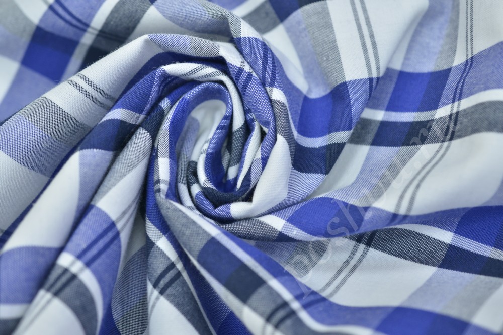 Сорочечная пестротканная ткань белого оттенка в черную и синюю полоску