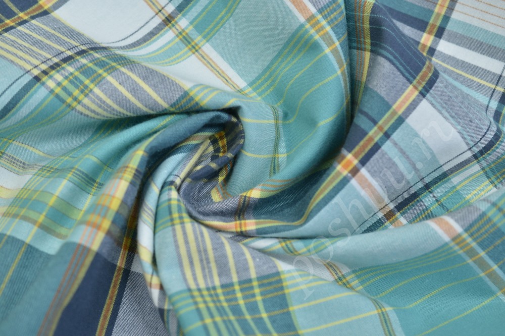 Сорочечная пестротканная ткань бирюзового оттенка в серую и желтую полоску