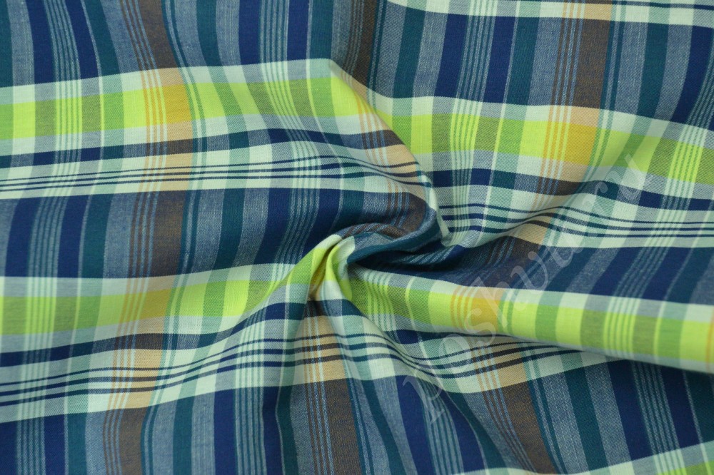 Ткань сорочечная пестротканная  белого оттенка  в синию и желтую полоску