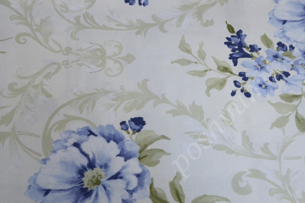 Ткань для штор портьерная белого цвета с голубыми цветами