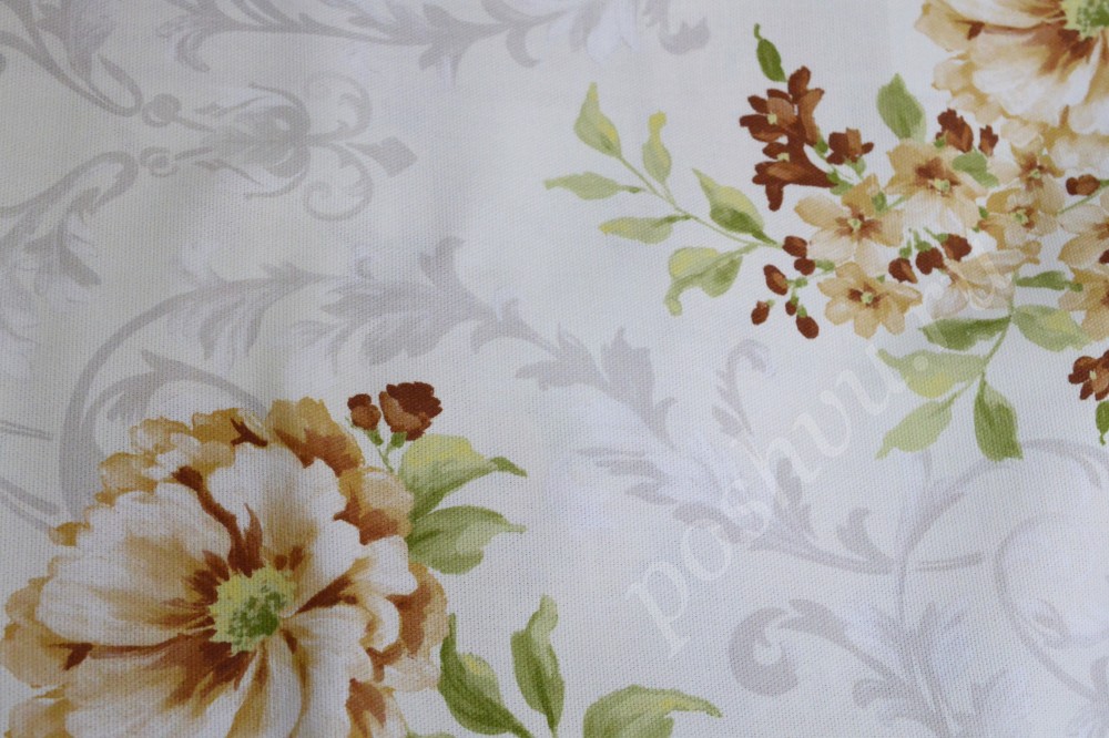 Портьерная ткань для штор белого цвета с персиковыми цветами