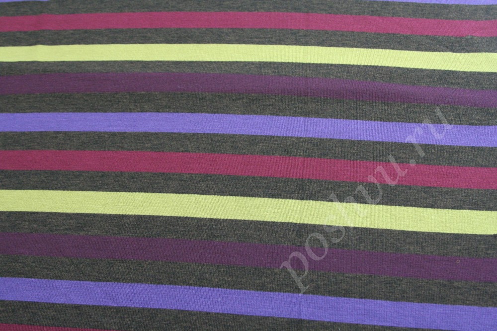 Трикотажная ткань в серую, желтую, розовую, фиолетовую и сиреневую полосу