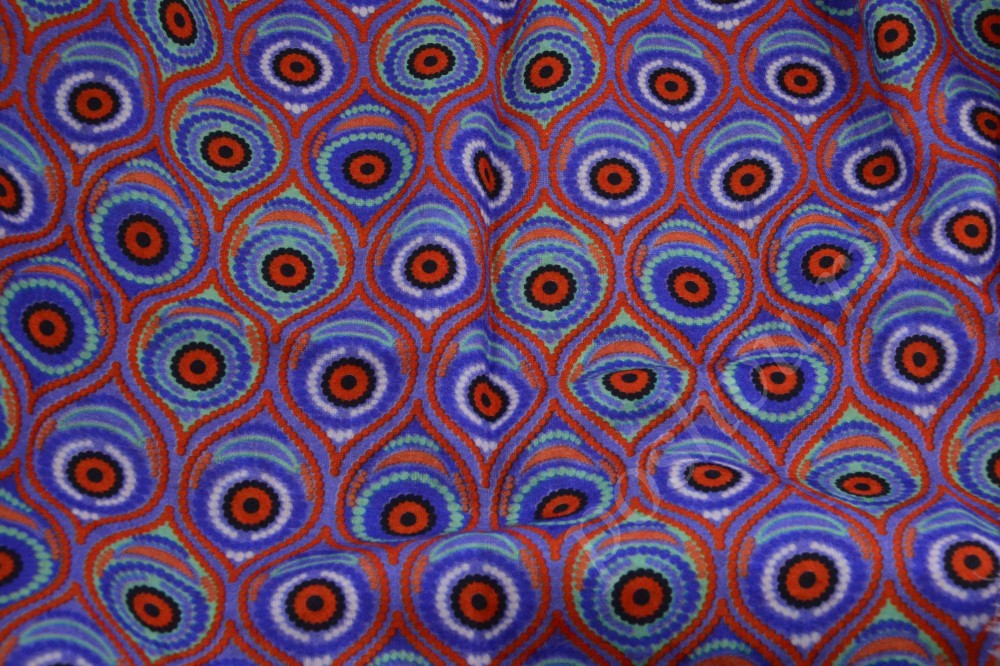 Ткань штапель в яркий узор синего, красного и черного оттенка
