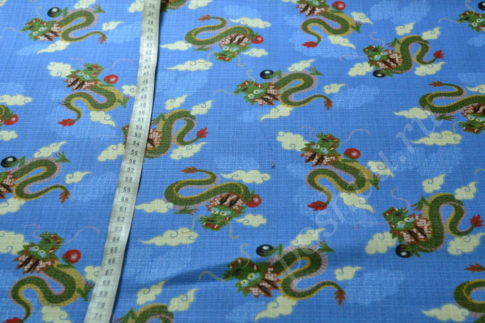 Хлопковая ткань синего цвета с драконами