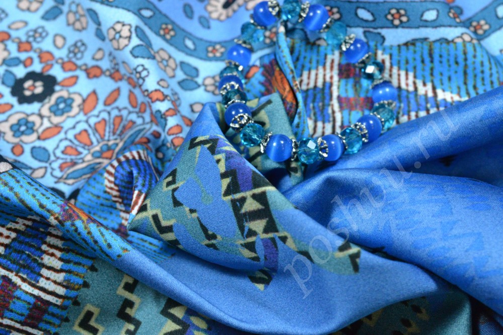 Ткань хлопок принт синего цвета с узором
