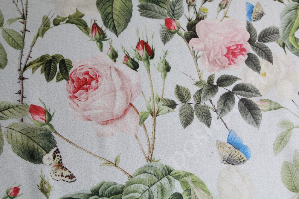 Ткань шифон белого оттенка с изысканным цветочным рисунком