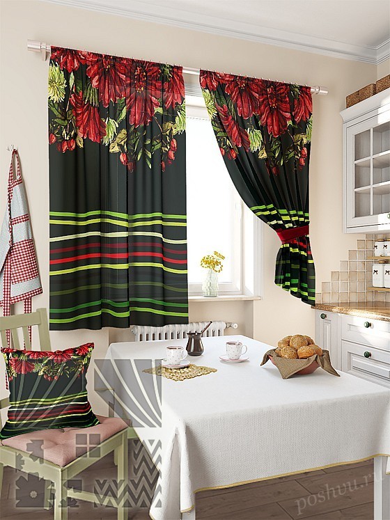 Экстравагантный комплект штор для кухни черного цвета с яркими цветами