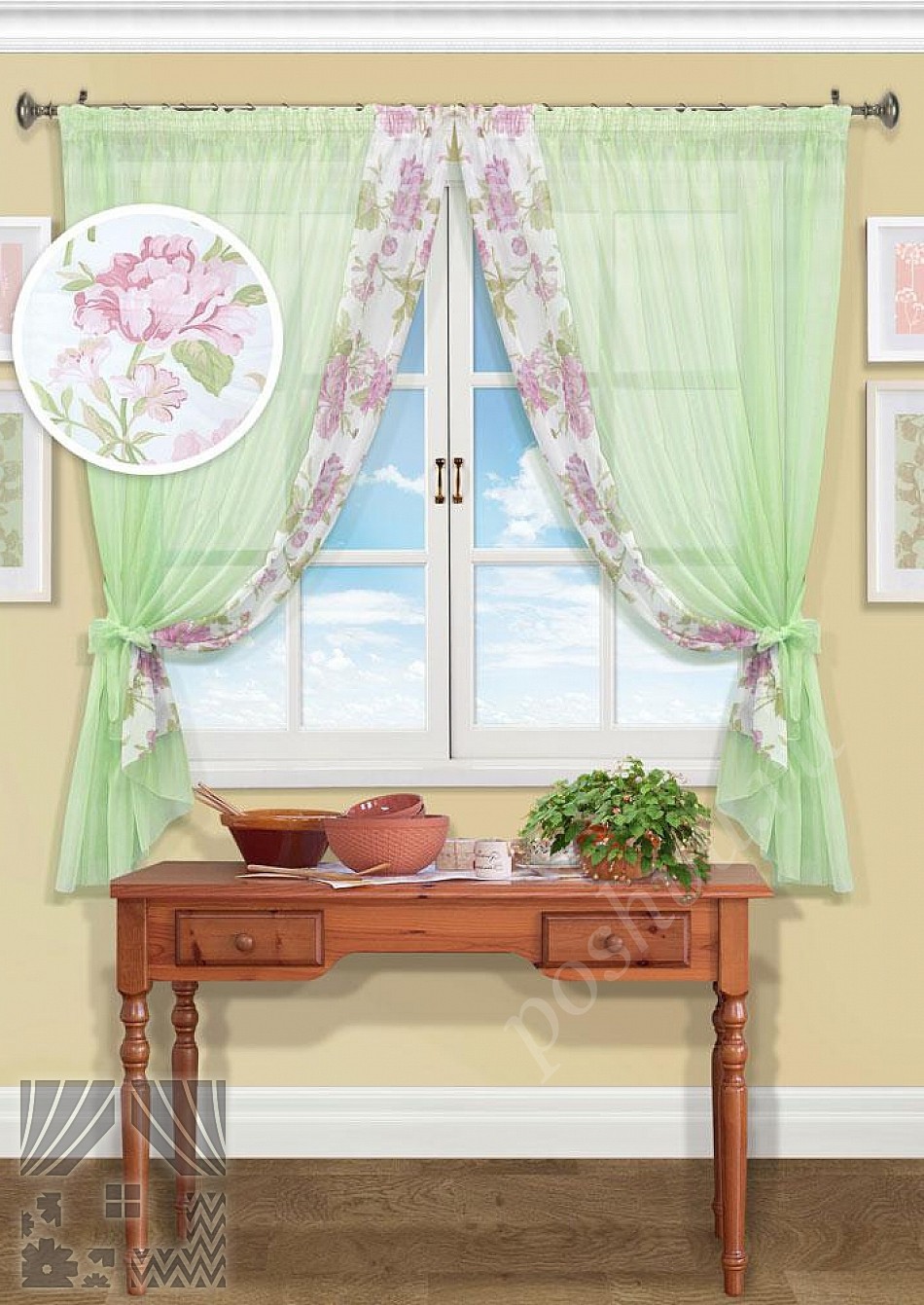 Комплект штор для кухни нежного салатового цвета с цветочным принтом и оригинальным дизайном