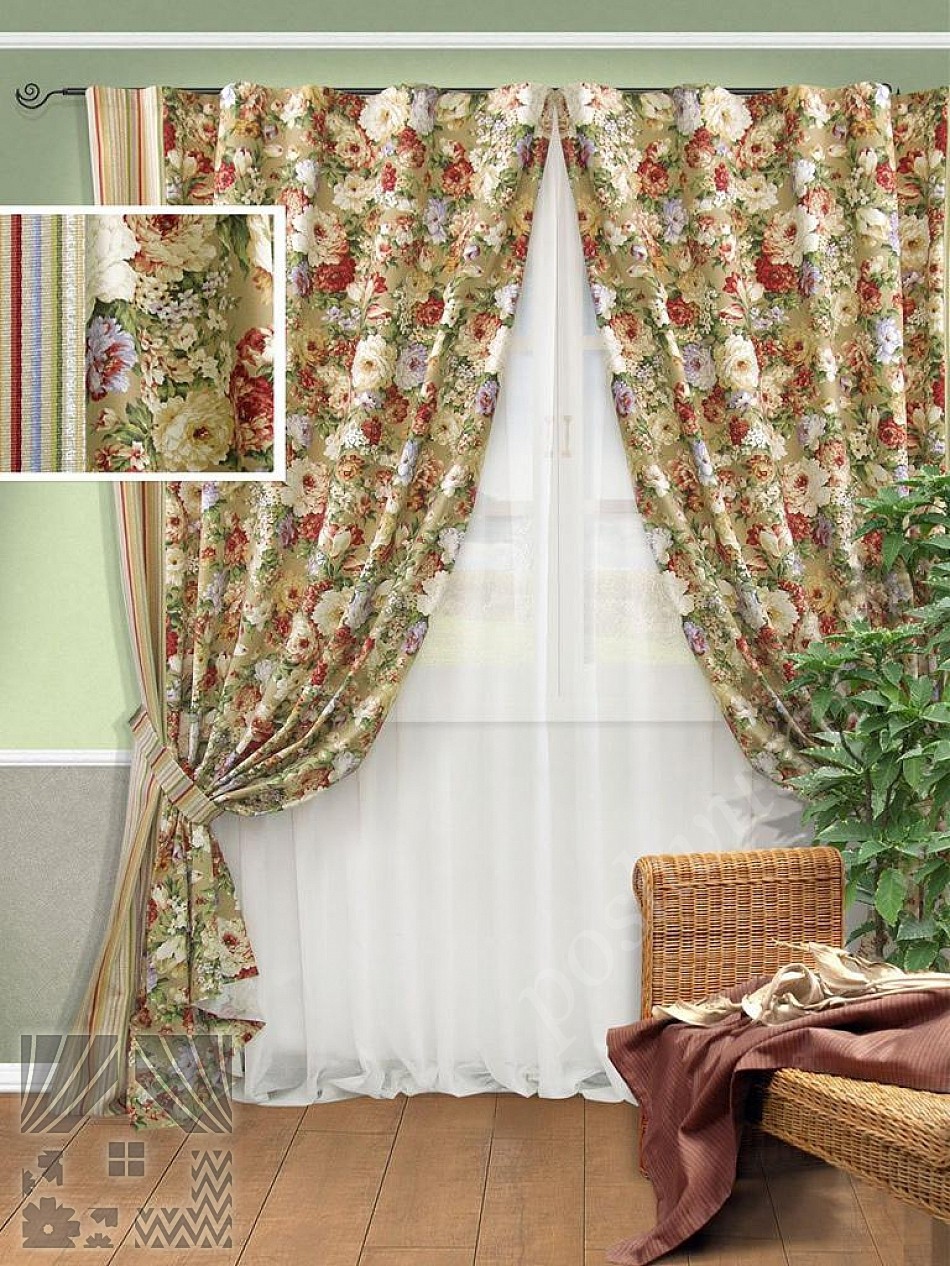 Шикарный комплект штор в стиле прованс с ярким цветочным рисунком и тюлем в комплекте