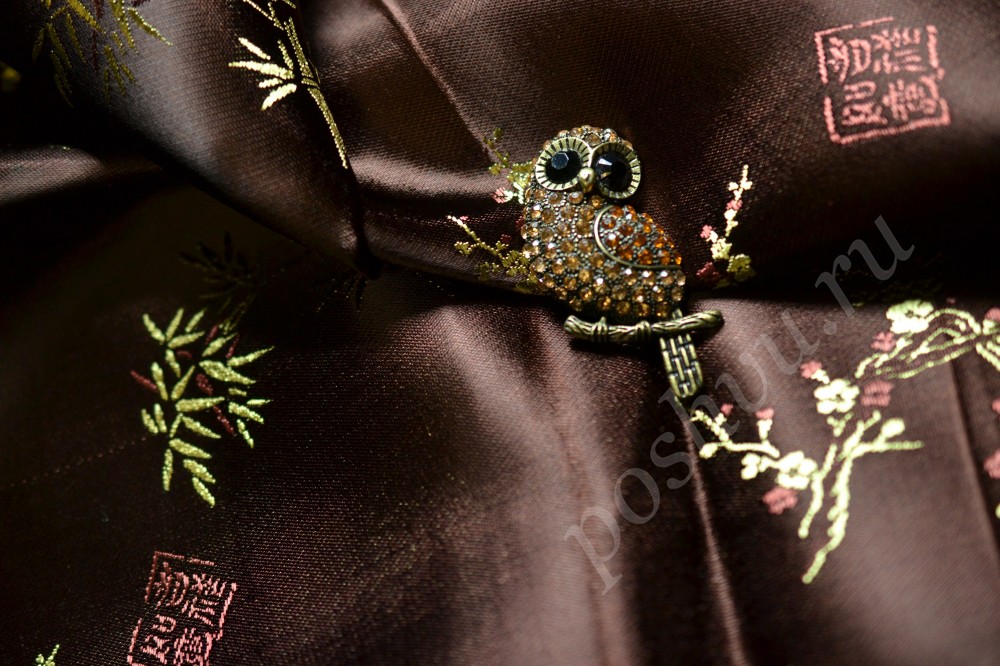 Ткань шелк шоколадного оттенка с орнаментом в китайском стиле