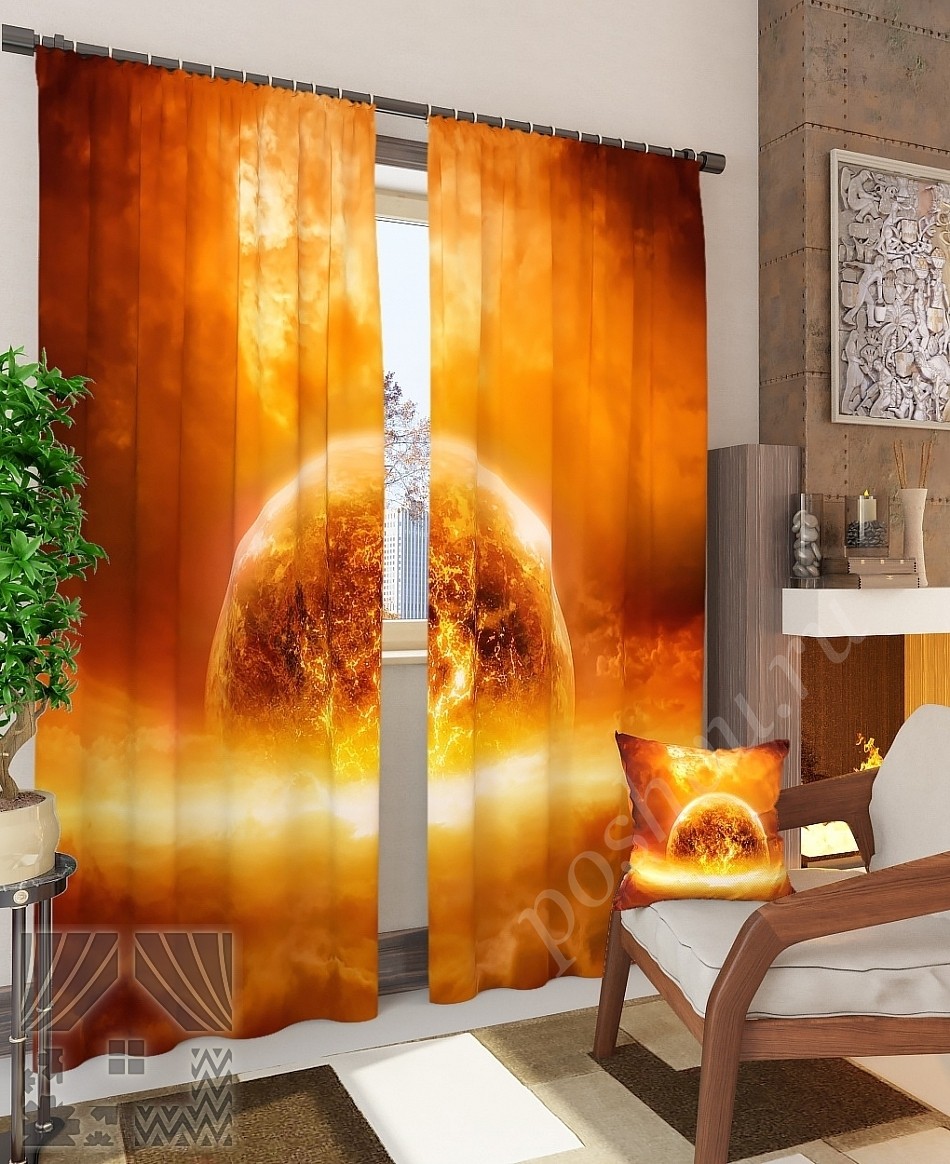 Футуристический комплект готовых фото штор с изображением горящей планеты для гостиной
