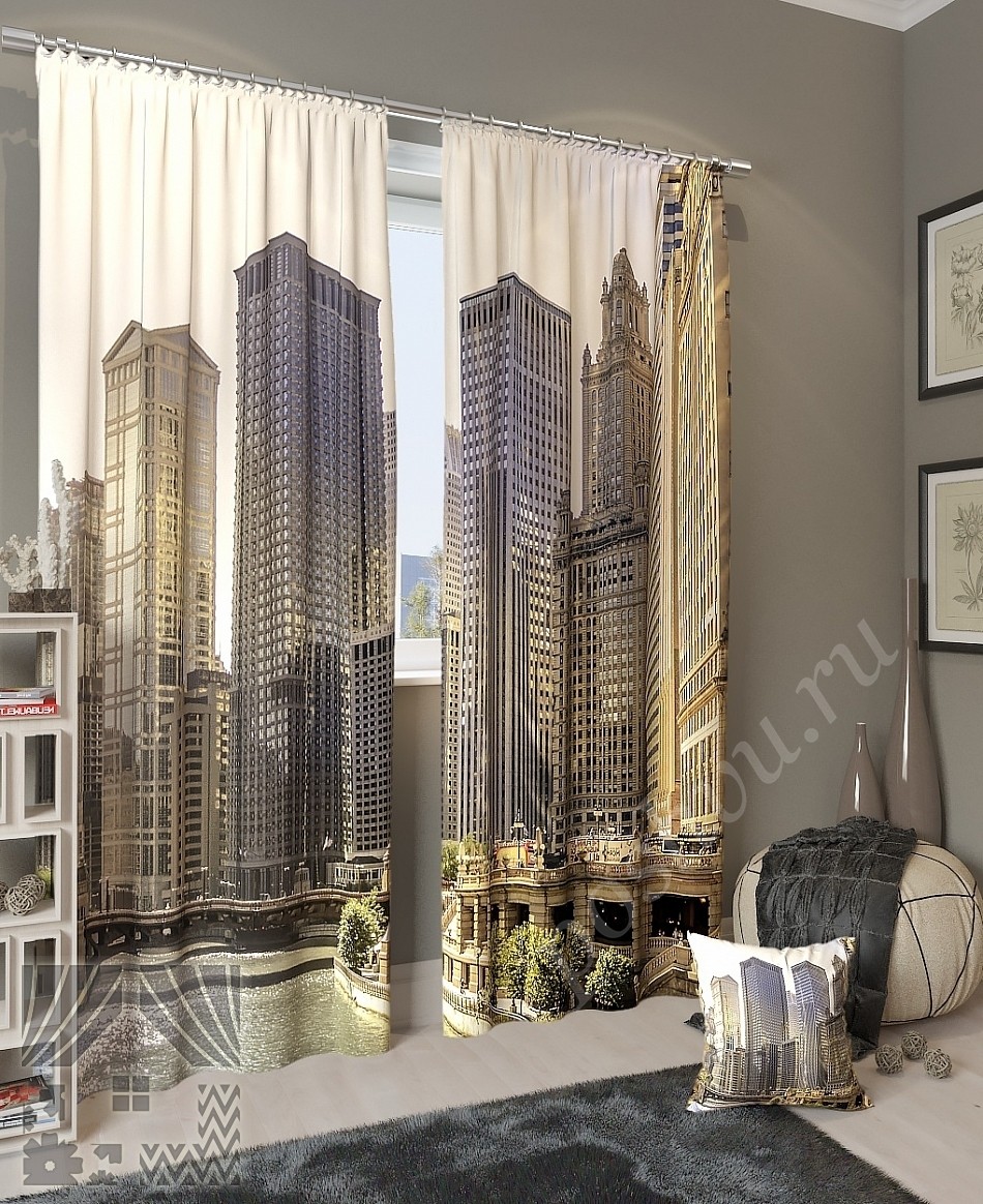 Комплект готовых фото штор с изображением делового центра для гостиной или кабинета