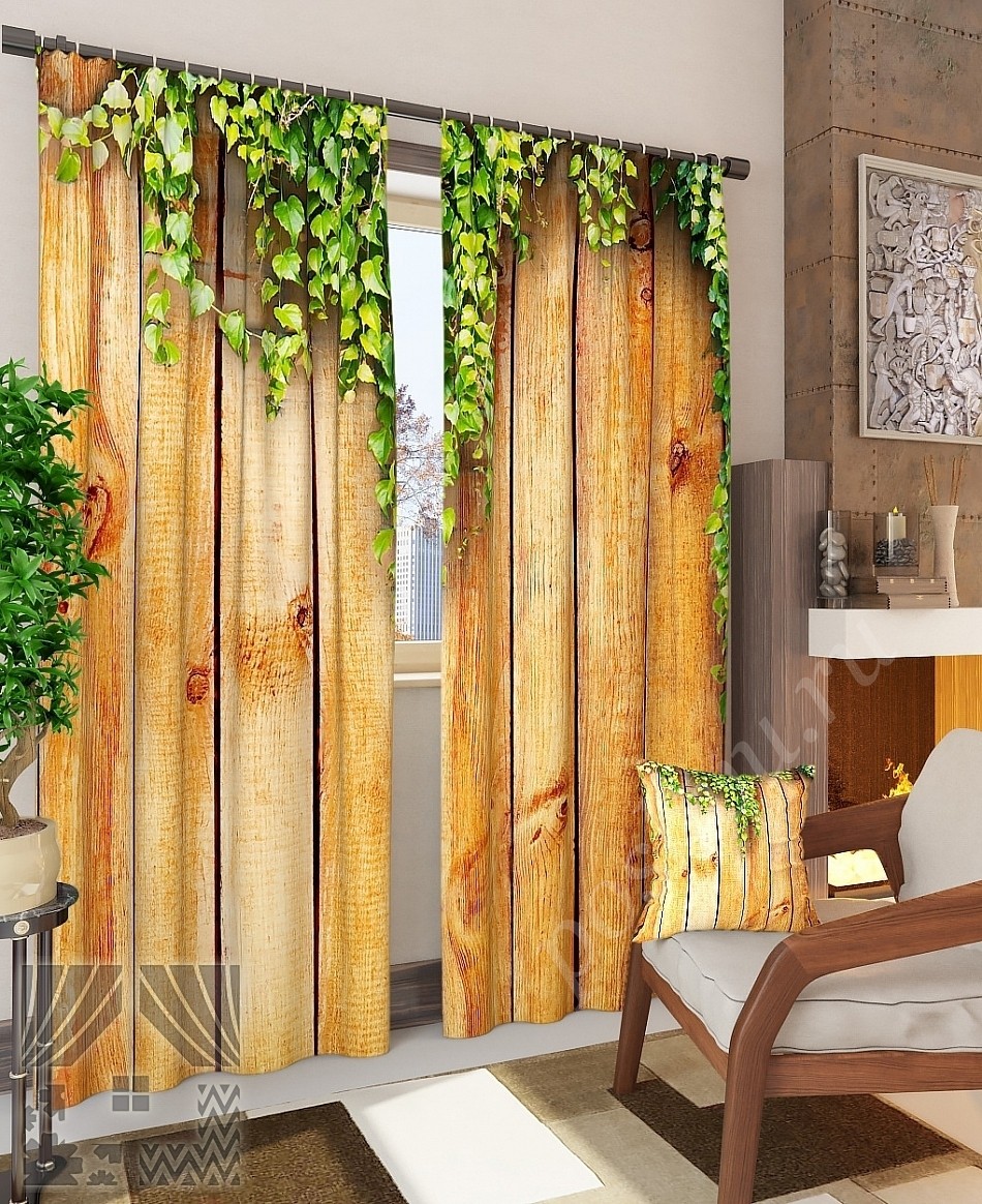 Комплект готовых фото штор с изображением деревянного забора для гостиной
