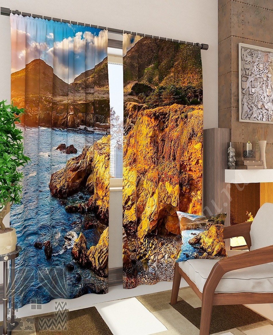 Комплект готовых фото штор с изображением горной реки для гостиной