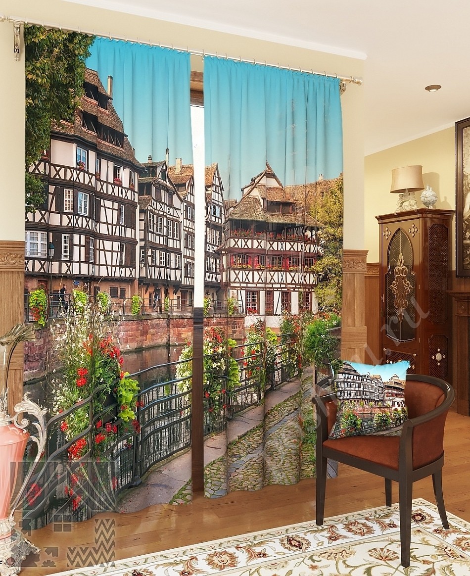 Комплект готовых фото штор с изображением городского пейзажа для гостиной