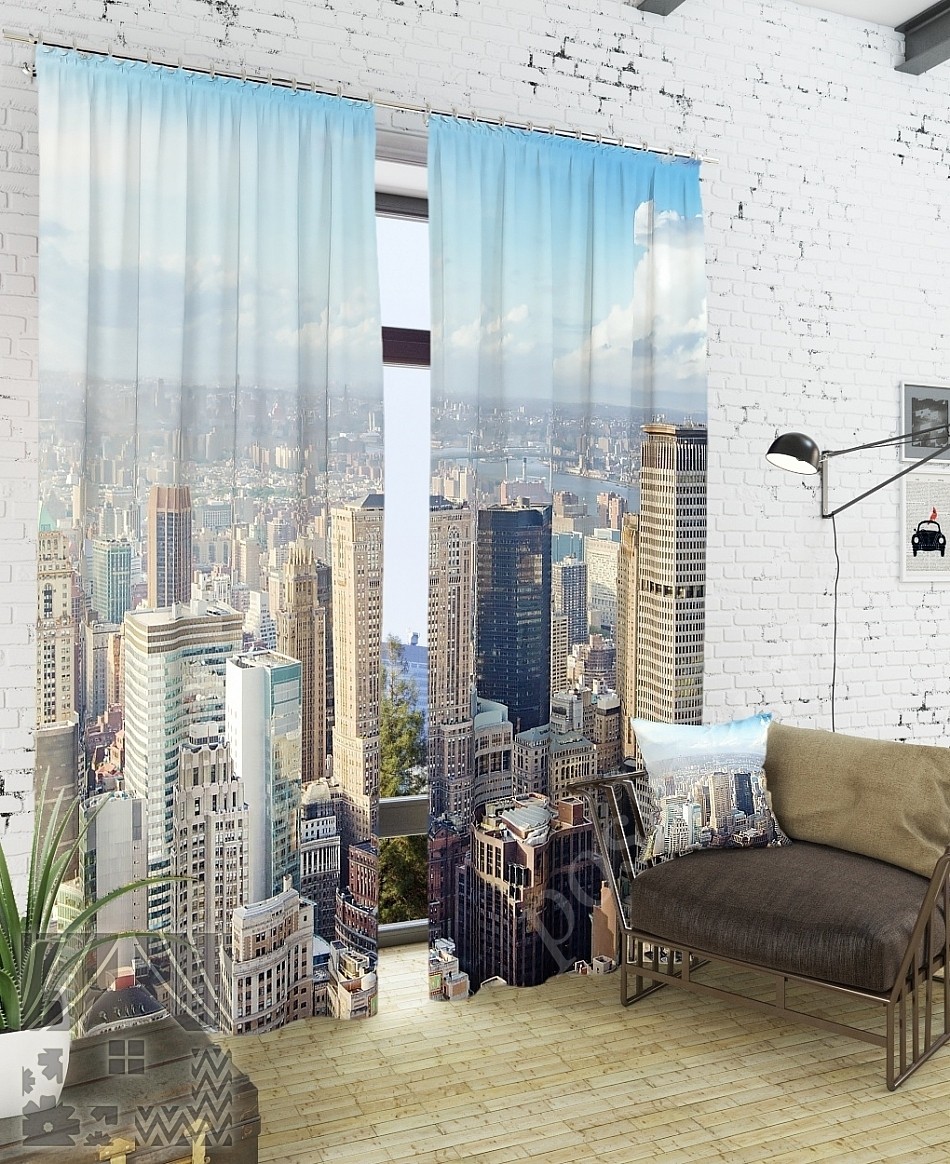 Комплект готовых фото штор с изображением городской панорамы для гостиной