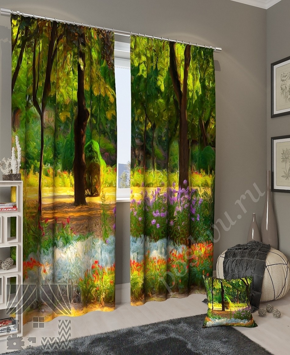 Комплект готовых фото штор с изображением картины летнего леса для гостиной или спальни