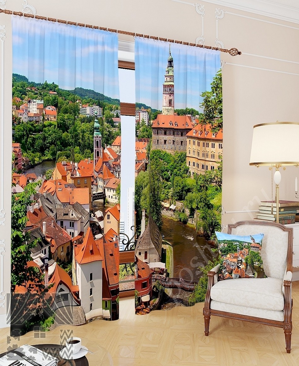 Комплект готовых фото штор с изображением маленького городка для гостиной