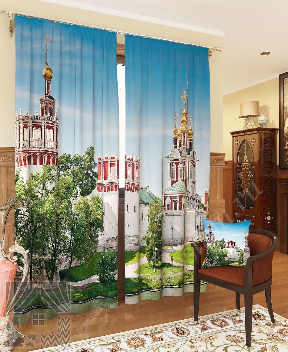 Комплект готовых фото штор с изображением монастыря для гостиной