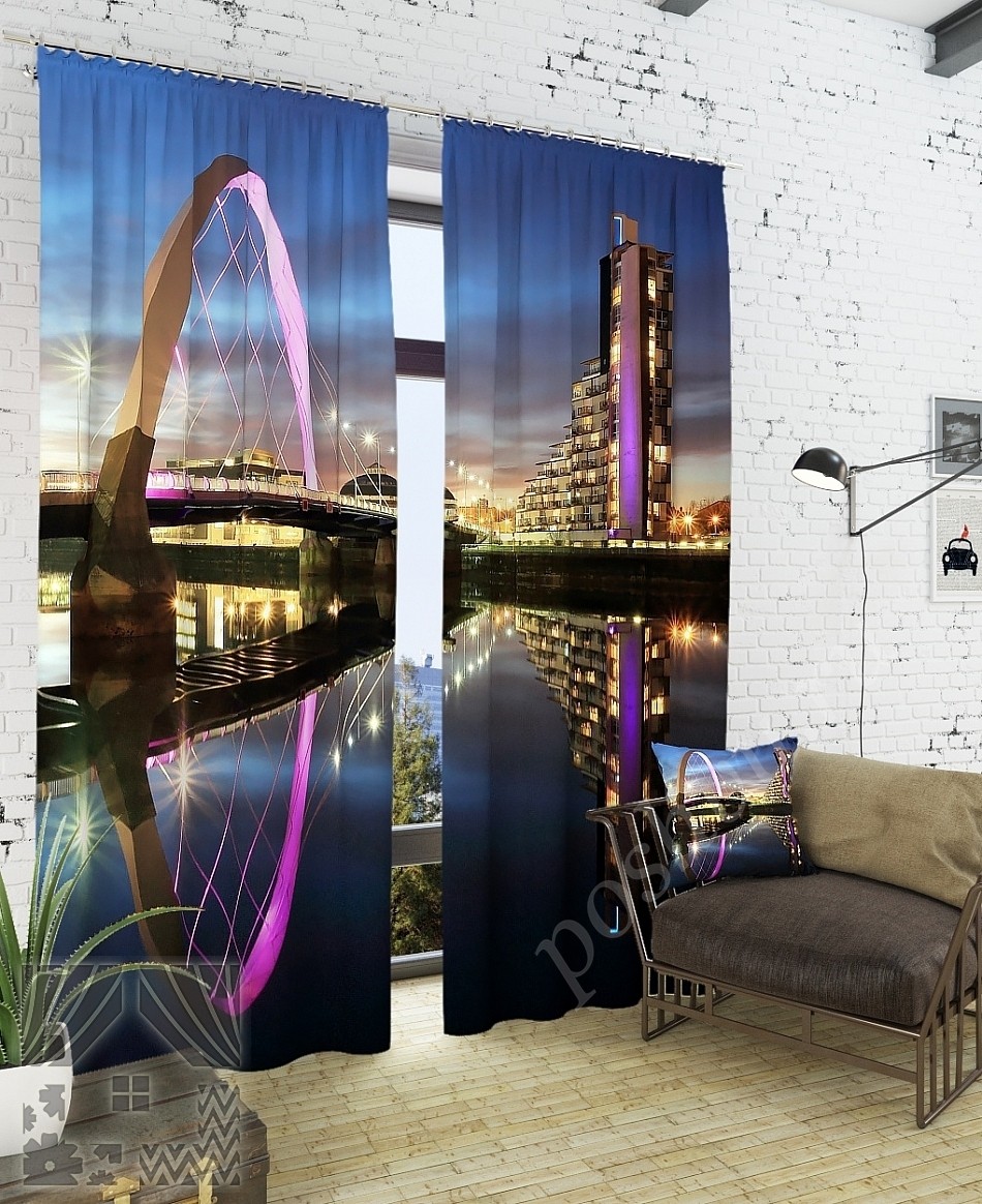 Комплект готовых фото штор с изображением моста Клайд Арк в Глазго для гостиной или спальни