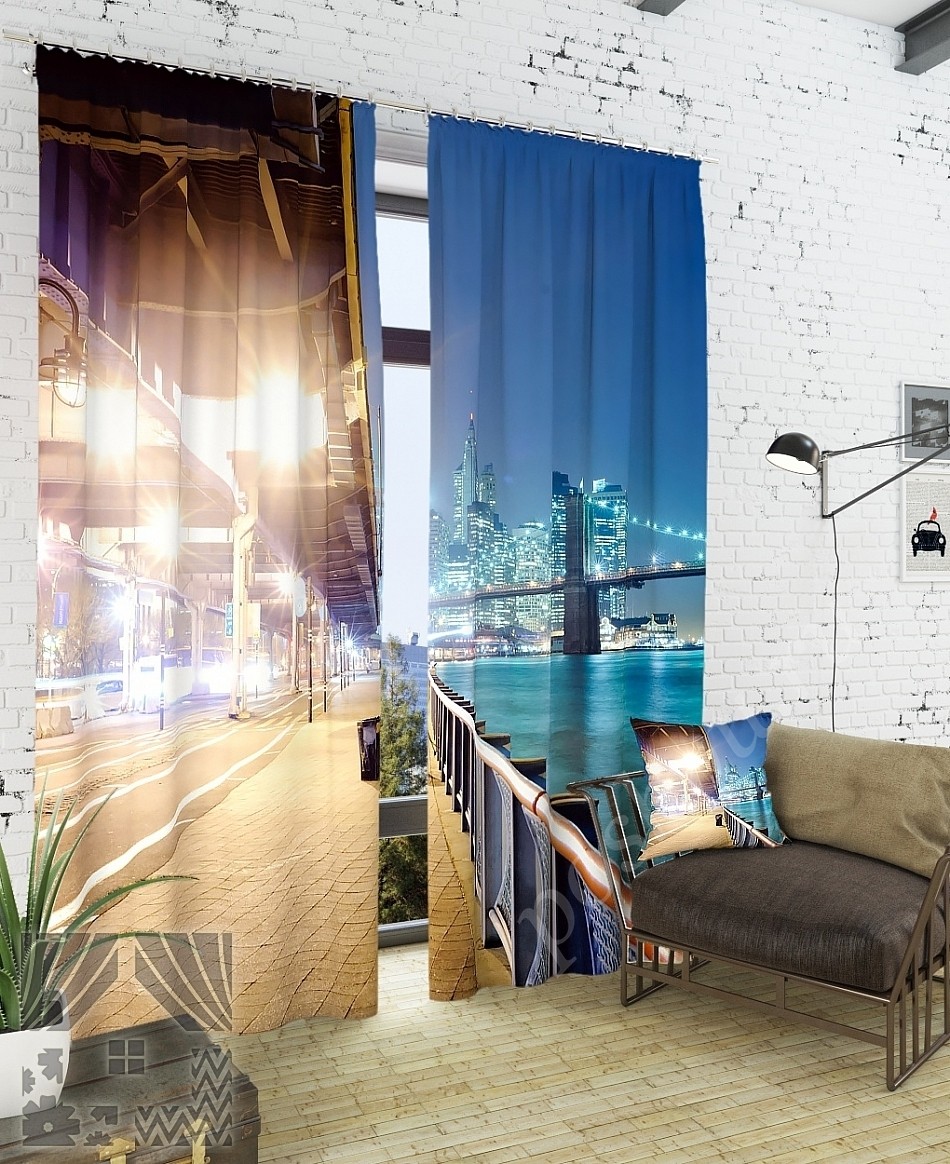 Комплект готовых фото штор с изображением ночного города для спальни