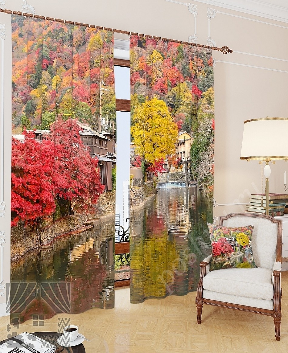 Комплект готовых фото штор с изображением осеннего пейзажа для спальни