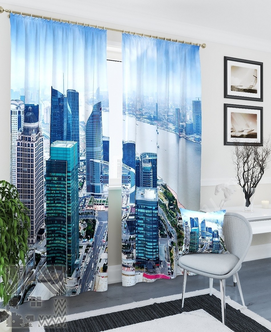 Комплект готовых фото штор с изображением панорамы мегаполиса для гостиной или кабинета
