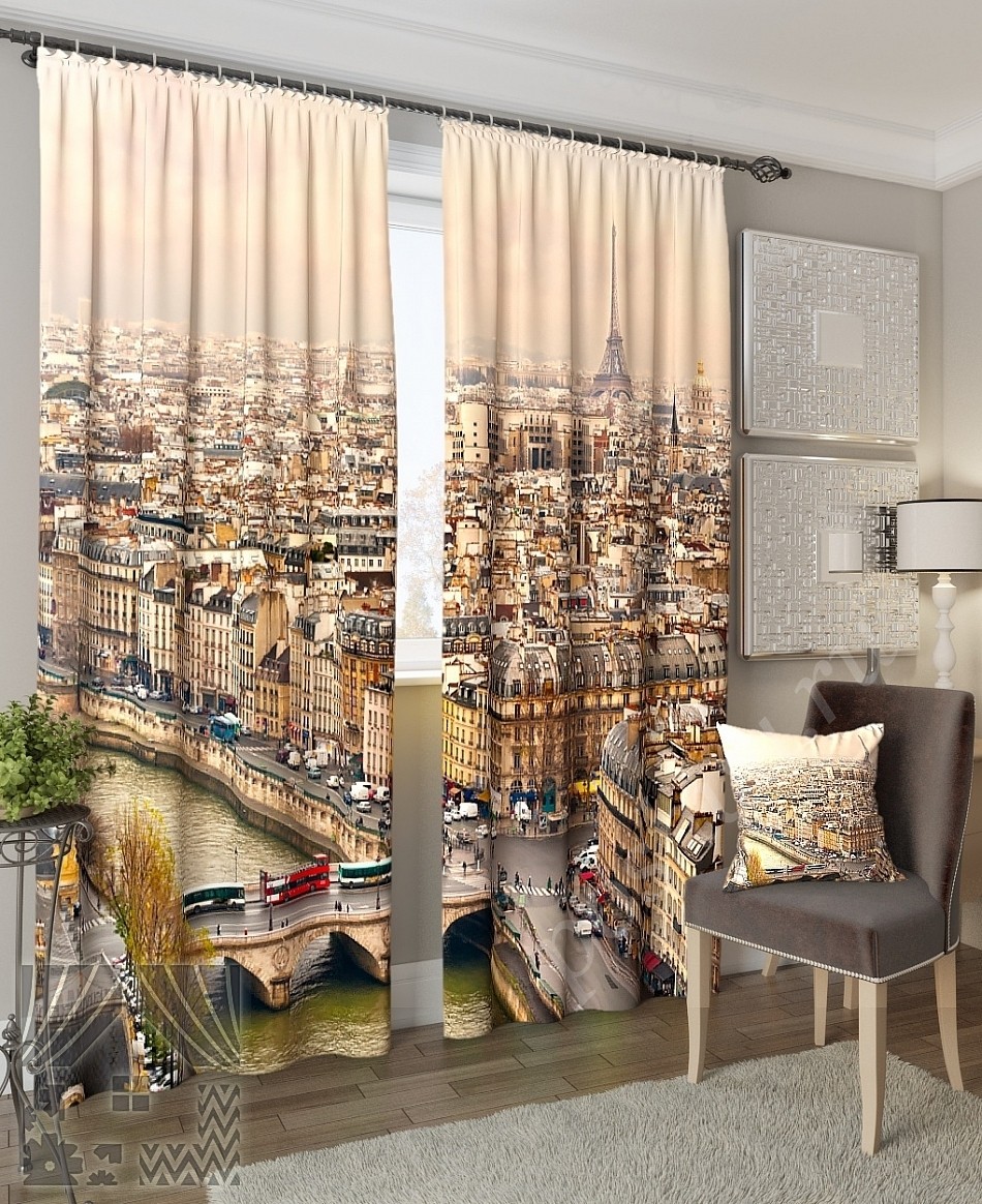 Комплект готовых фото штор с изображением панорамы Парижа для гостиной или кабинета