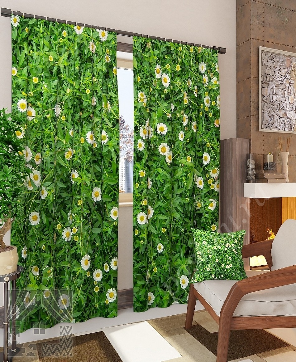 Комплект готовых фото штор с изображением полевых ромашек для гостиной или спальни