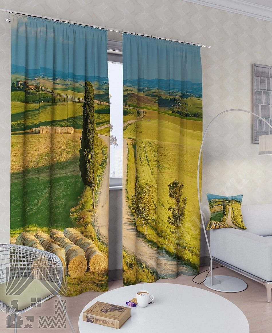 Комплект готовых фото штор с изображением пшеничного поля для гостиной