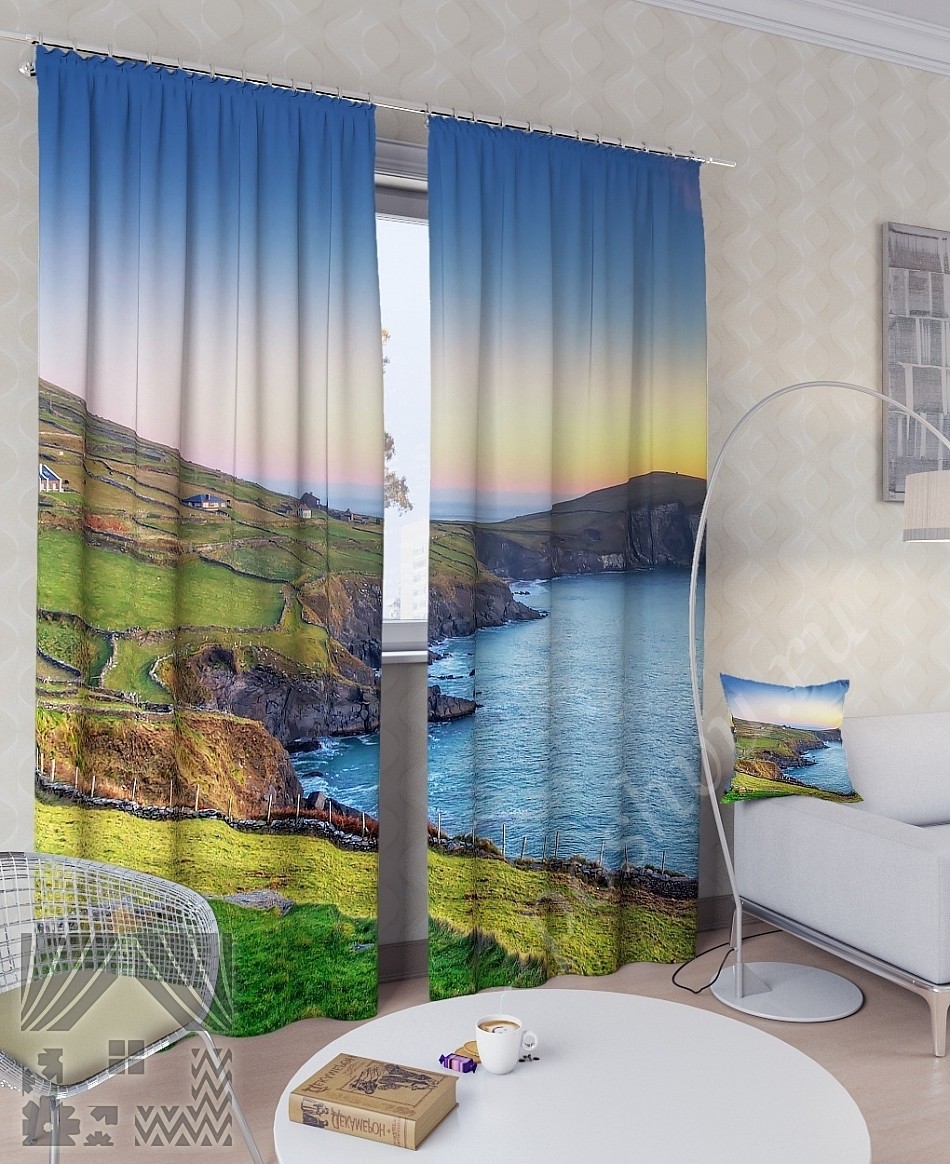 Комплект готовых фото штор с изображением скалистого берега моря для гостиной