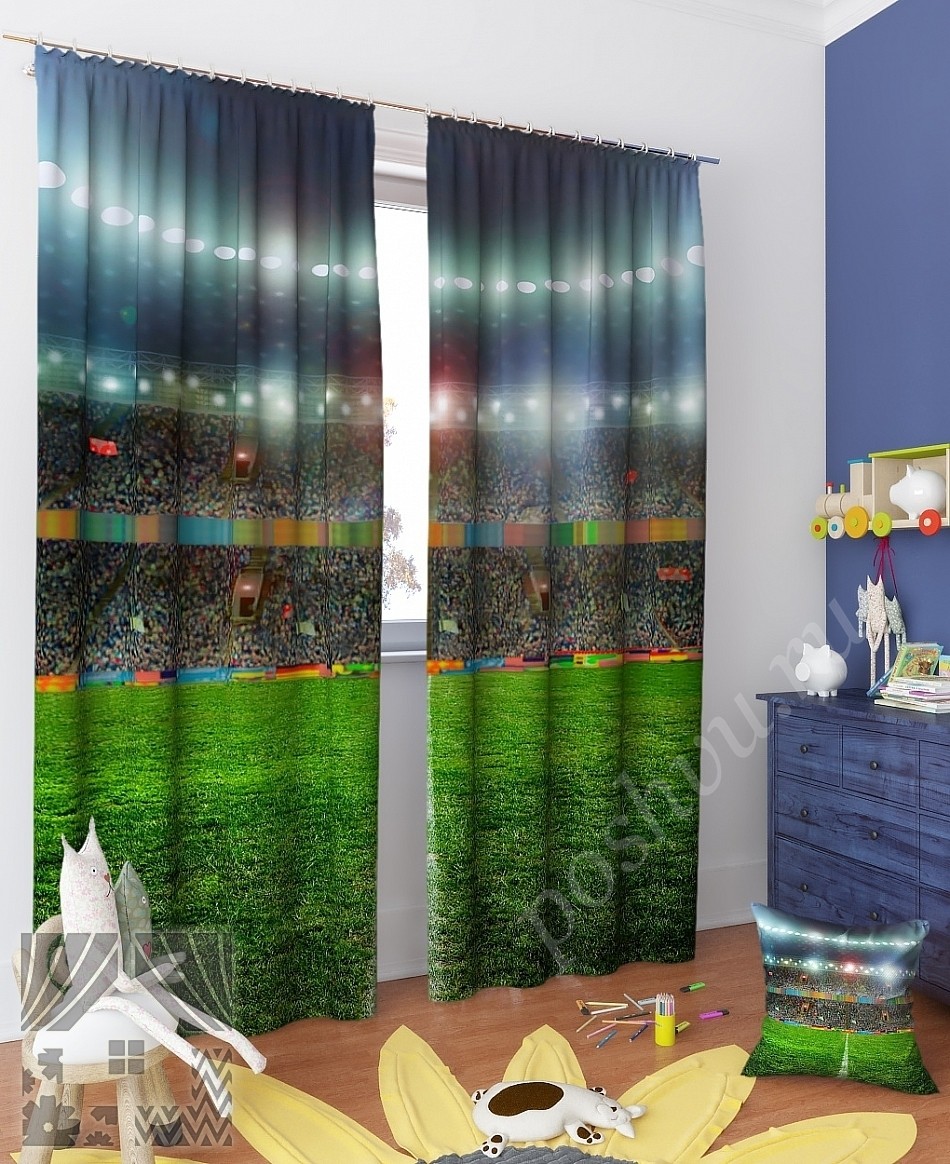 Комплект готовых фото штор с изображением стадиона для детской комнаты