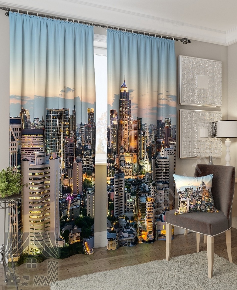 Комплект готовых фото штор с изображением вечернего мегаполиса для гостиной