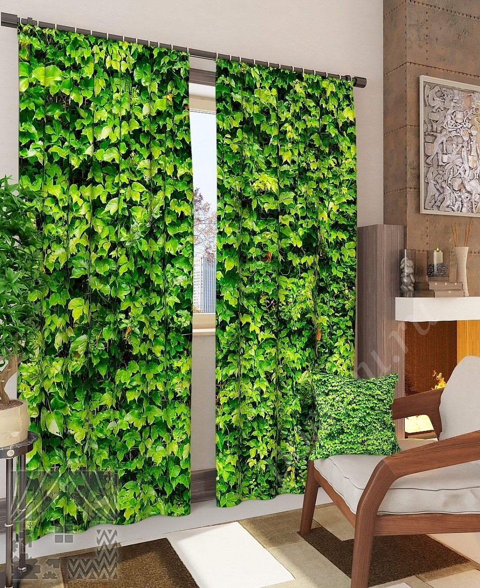 Комплект готовых фото штор с изображением вьющихся растений для спальни