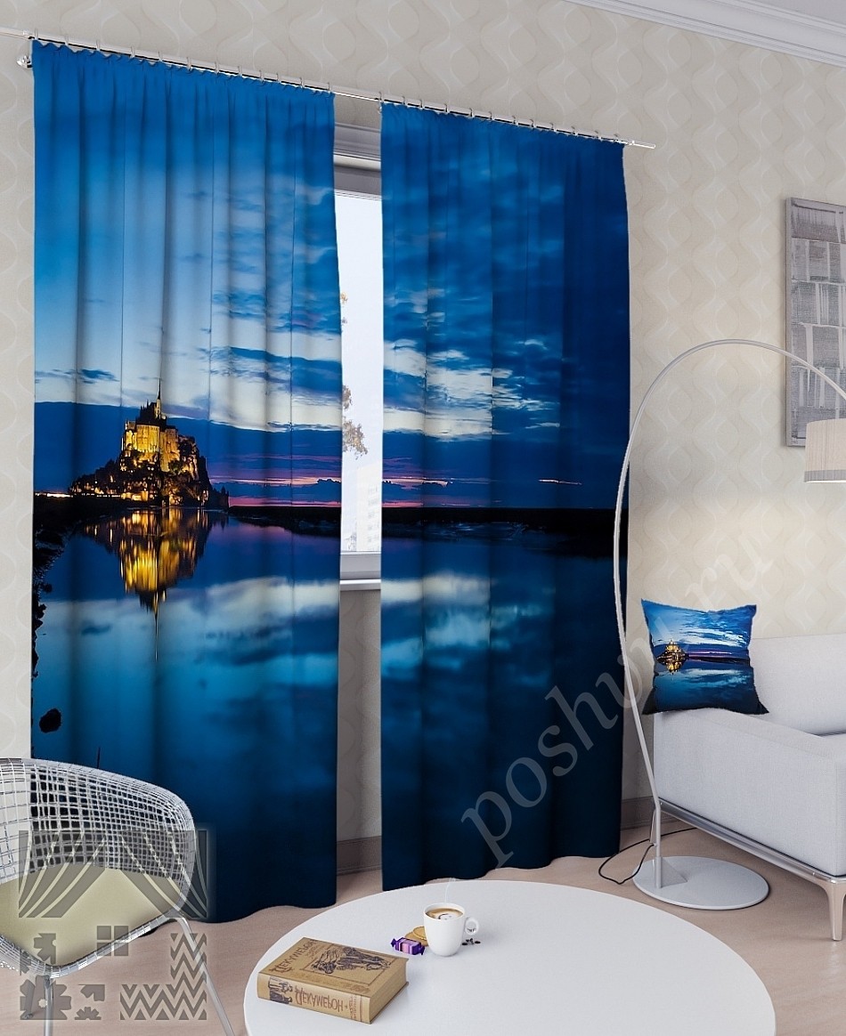 Комплект готовых фото штор с изображением замка на берегу озера для гостиной или спальни
