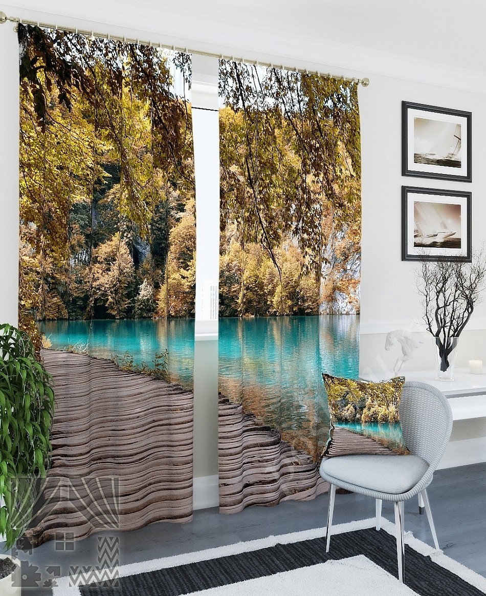 Комплект готовых фото штор с видом озера и деревянного мостика для гостиной или спальни
